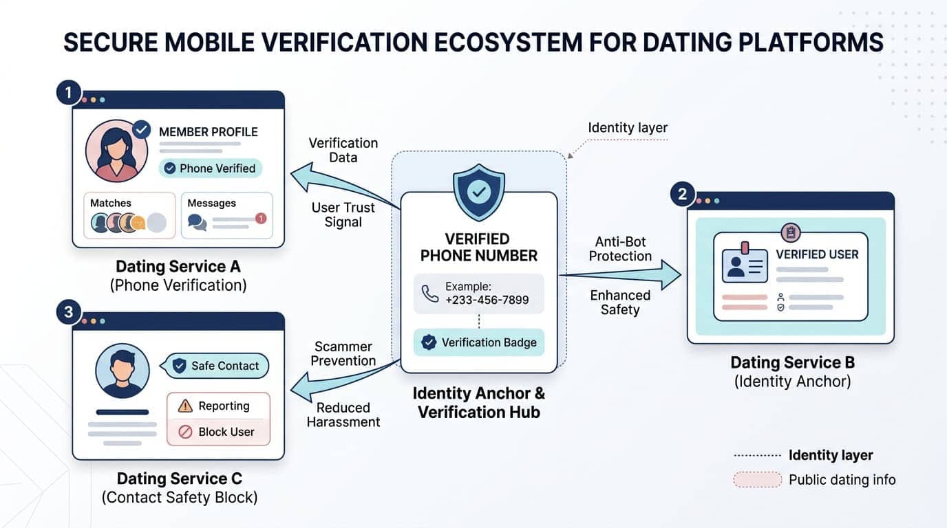 Verification ecosystem showing how dating apps use phone numbers as security anchors rather than public directories