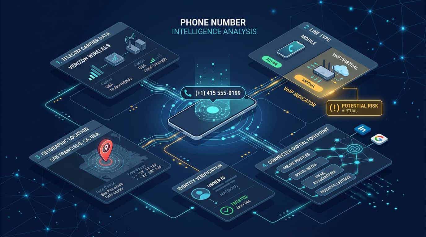 Step 2: Telecom signals branching into carrier network, line type, rate center, and digital footprint