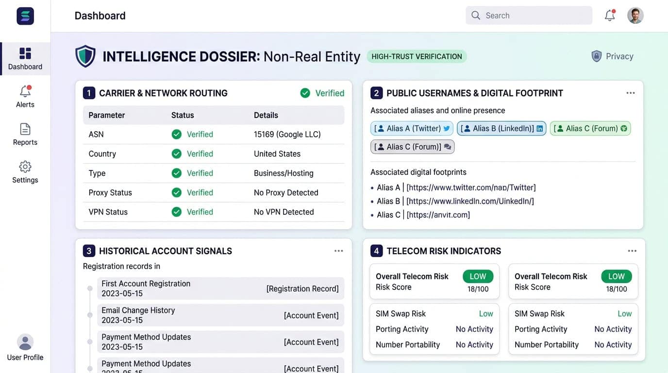 Step 3: Intelligence dossier breakdown showing verified telecom data, public footprints, and historical records