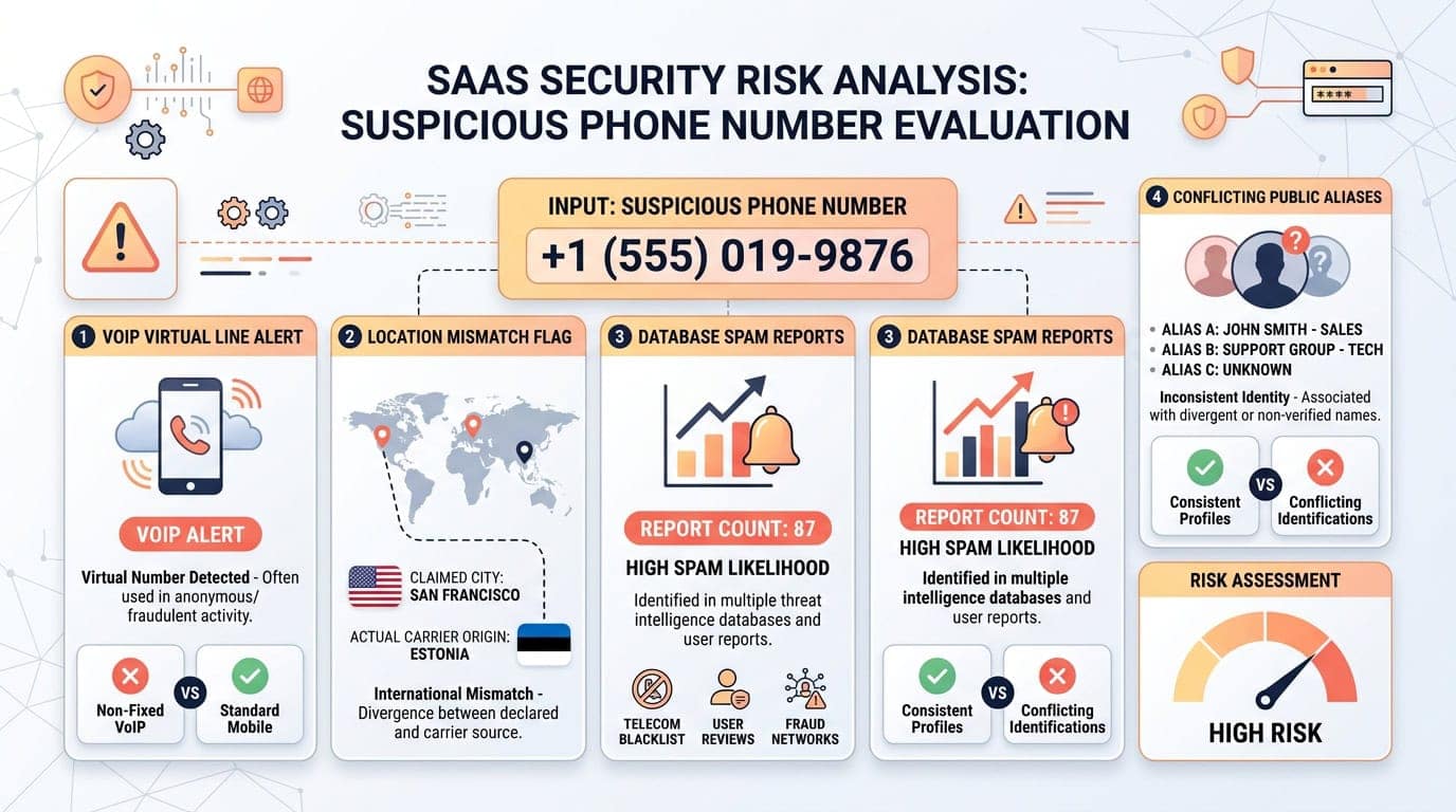 Suspicious phone number evaluation showing VoIP virtual alert, location mismatch flag, and database spam reports