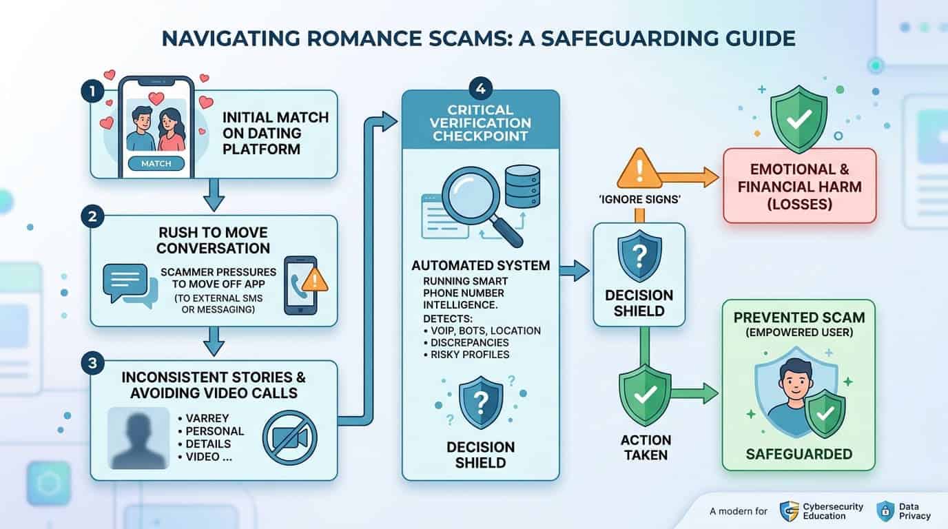 Educational flowchart showing romance scam progression: initial dating match, rush to move off app, and phone verification checkpoint