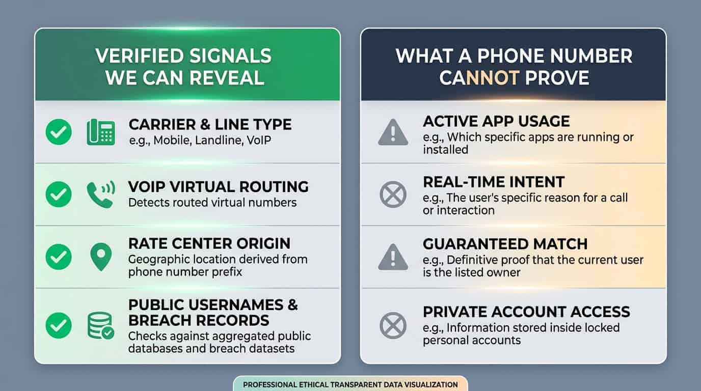 Side-by-side comparison matrix showing verified technical signals vs what a phone number cannot prove